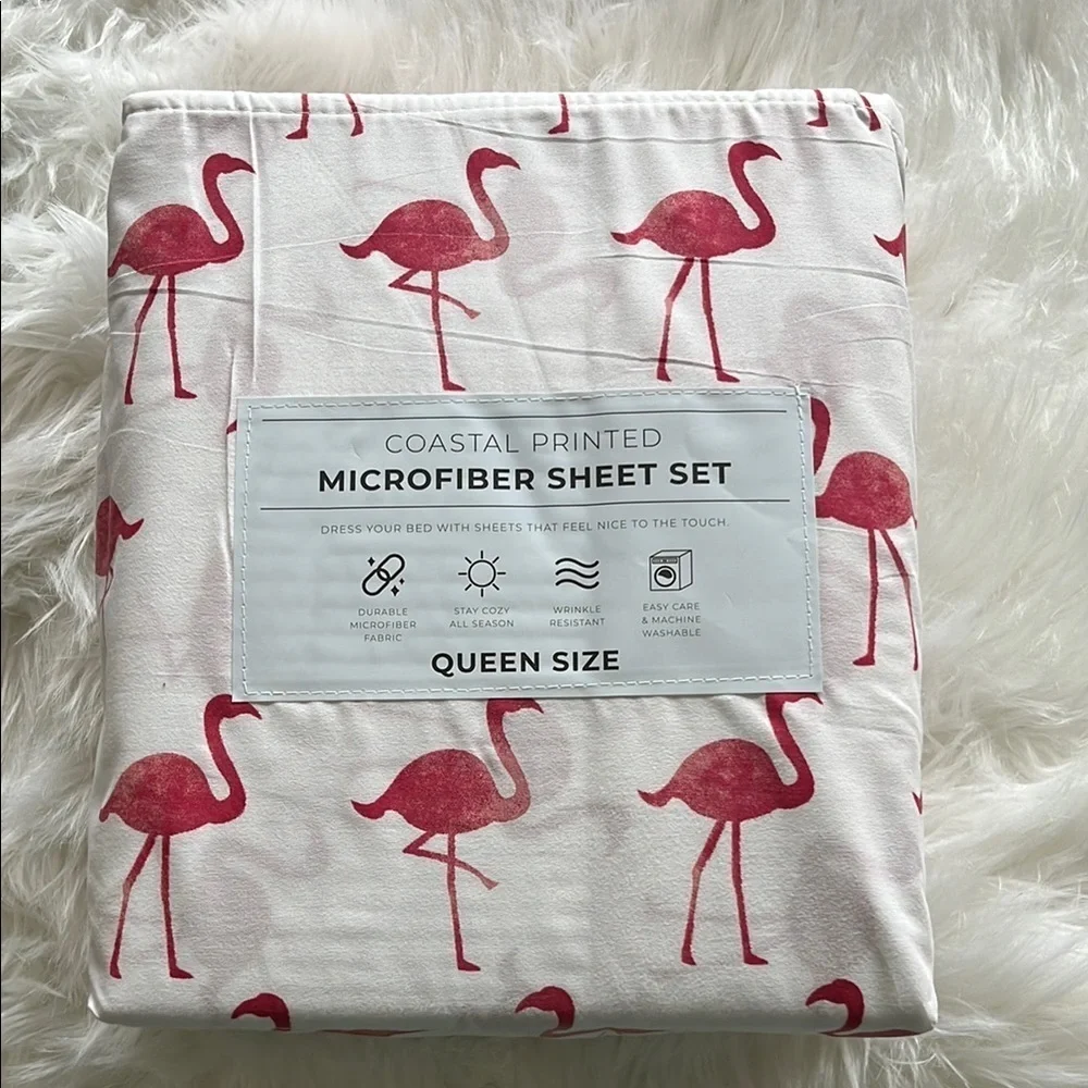 🆕 Coastal Microfiber Sheet Set Flamingos Queen